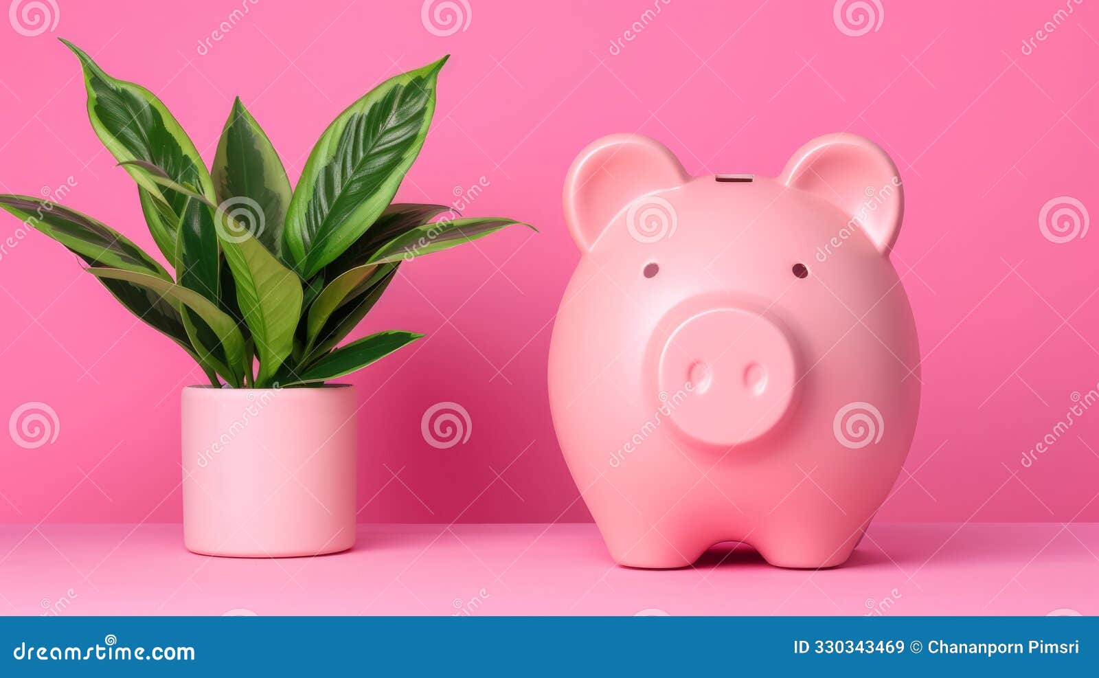 a cheerful pink piggy bank next to a vibrant green plant, set against a bright pink background, izing savings and growth