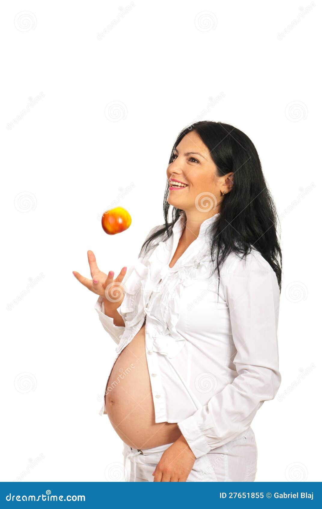 Cheerful Pregnant Throwing Apple Stock Image Image of motion, laughing 27651855
