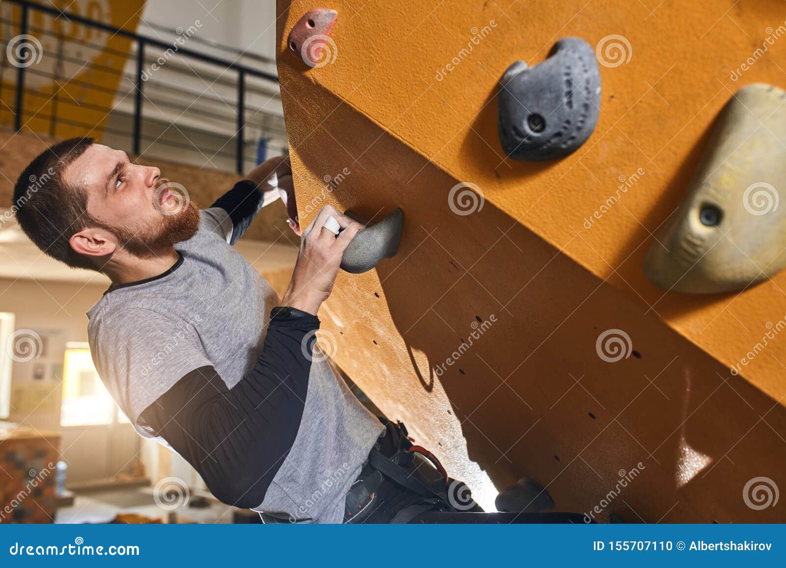 Cheerful Rock-climber Without Forearm Training At Indoor ...