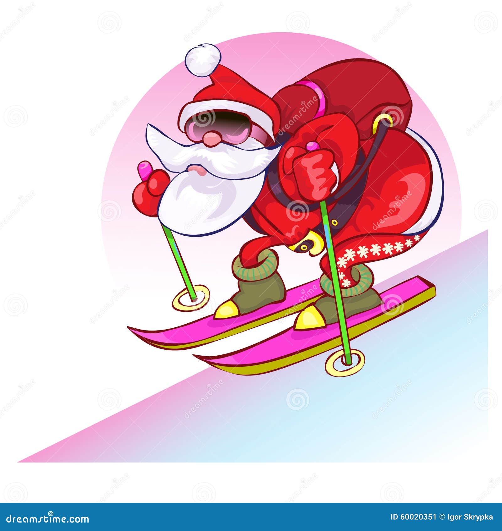 Cheerful Santa Goes on Skis from a Hill. Stock Vector - Illustration of