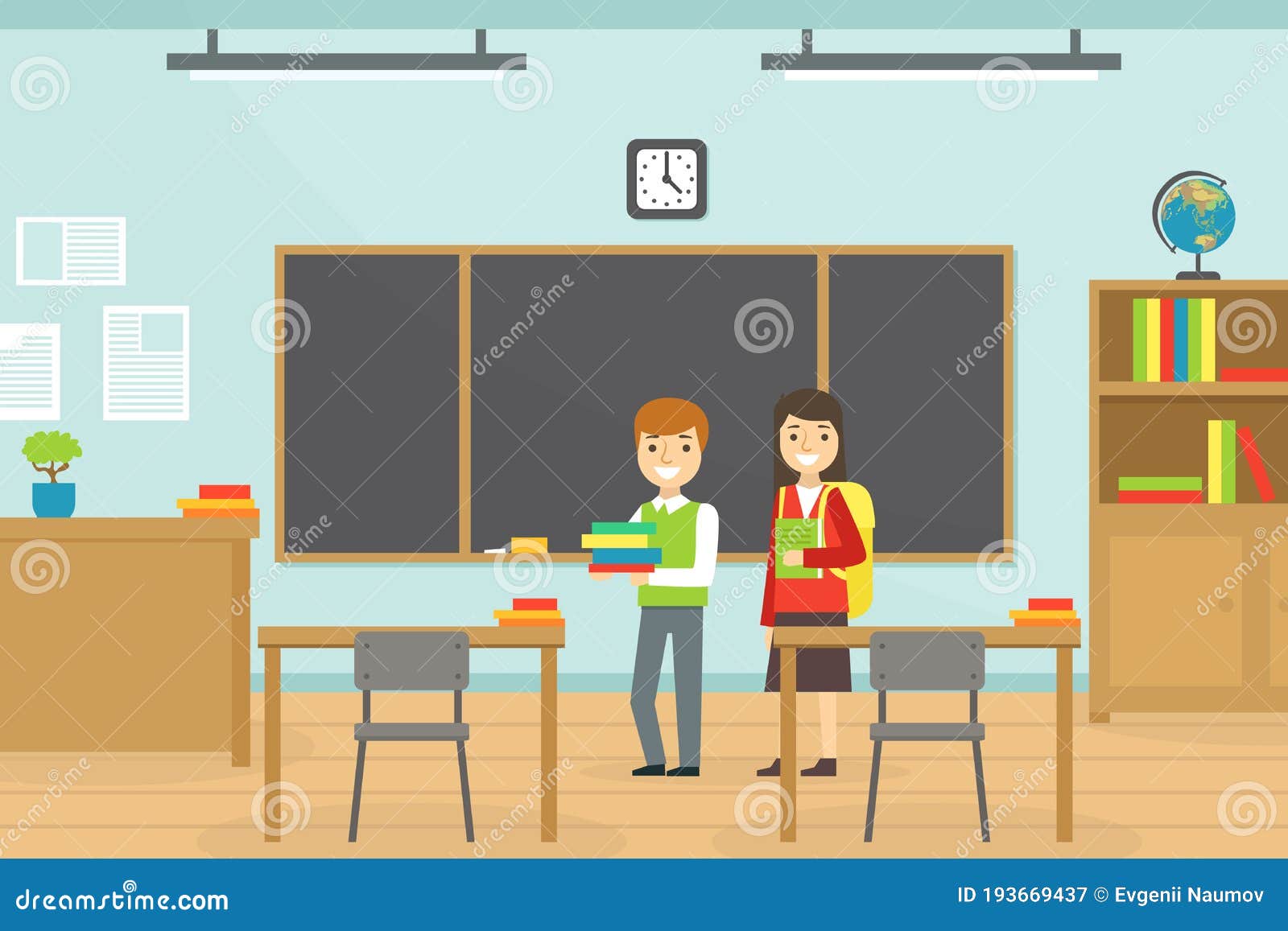 Cheerful School Students with Backpacks and Books, Classroom Interior,  Education, Back To School Concept Cartoon Vector Stock Vector -  Illustration of elementary, class: 193669437