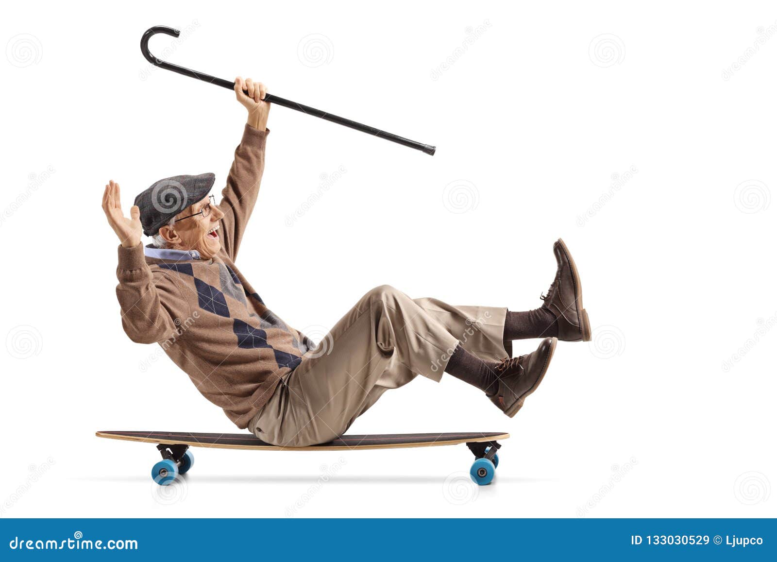 Cheerful Senior with a Cane Sitting on a Longboard and Riding Stock ...