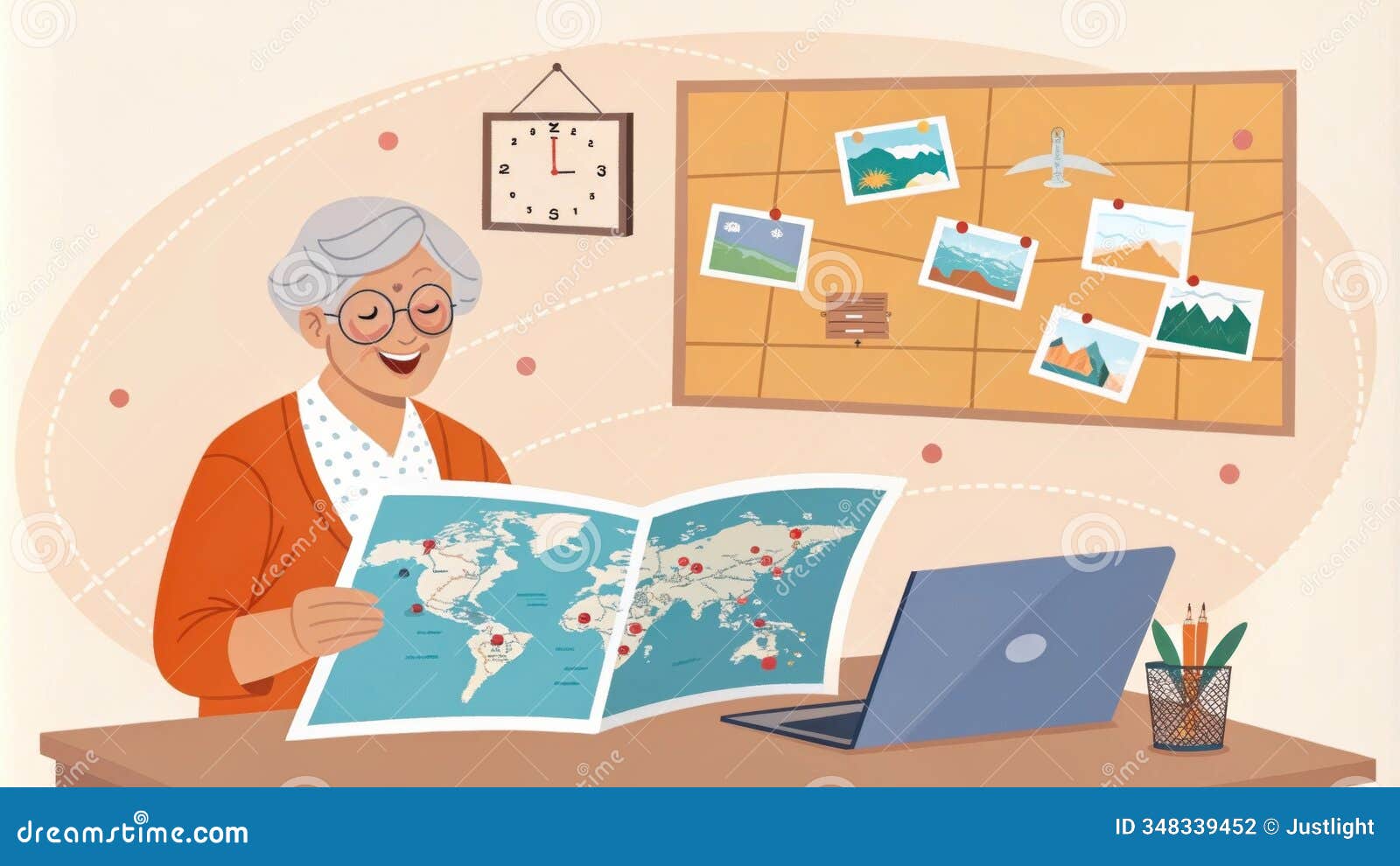 a cheerful senior sits at a wellorganized desk reviewing a series of travel brochures and itineraries. a large map of