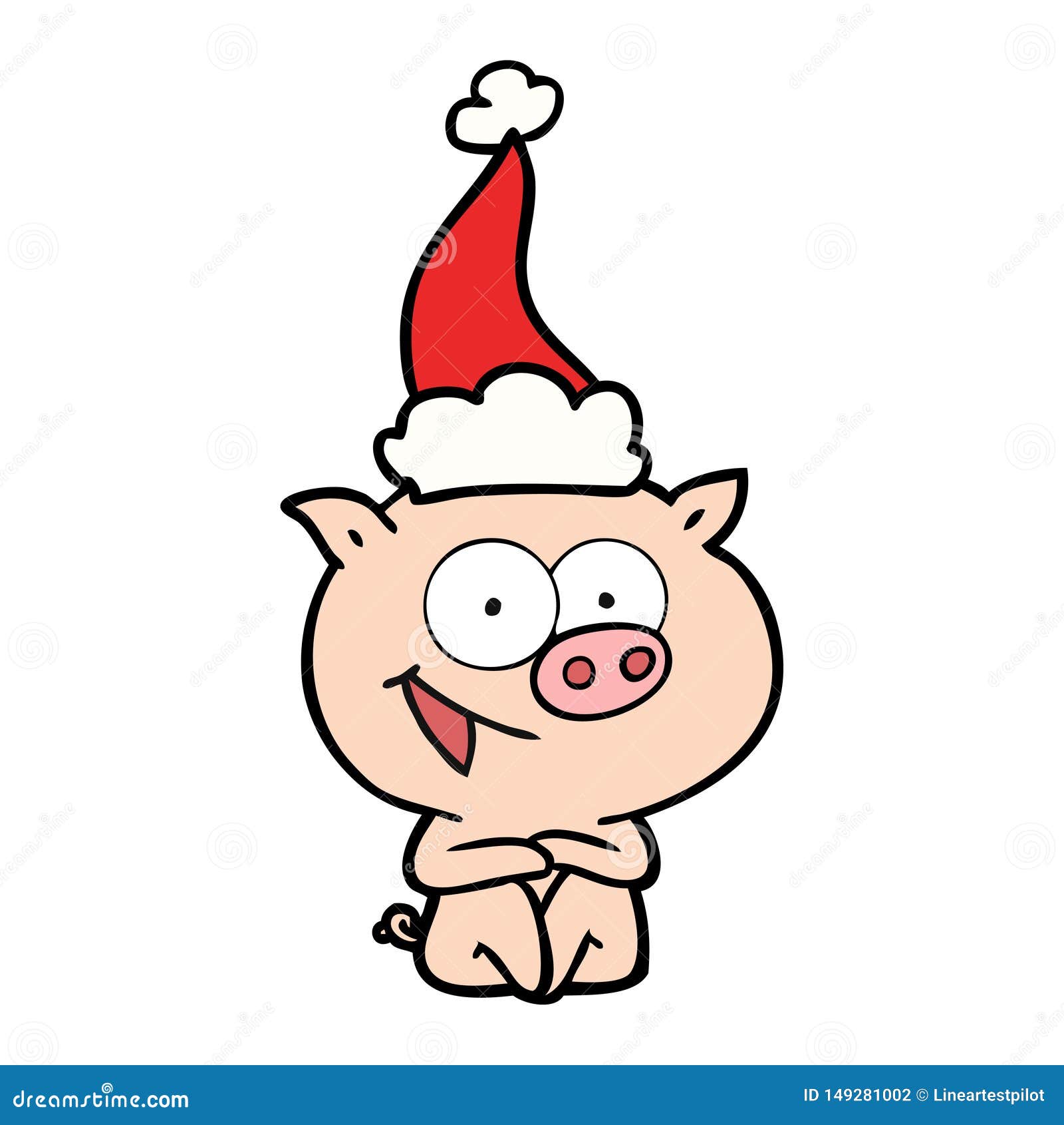 Cheerful Sitting Pig Line Drawing of a Wearing Santa Hat Stock Vector ...