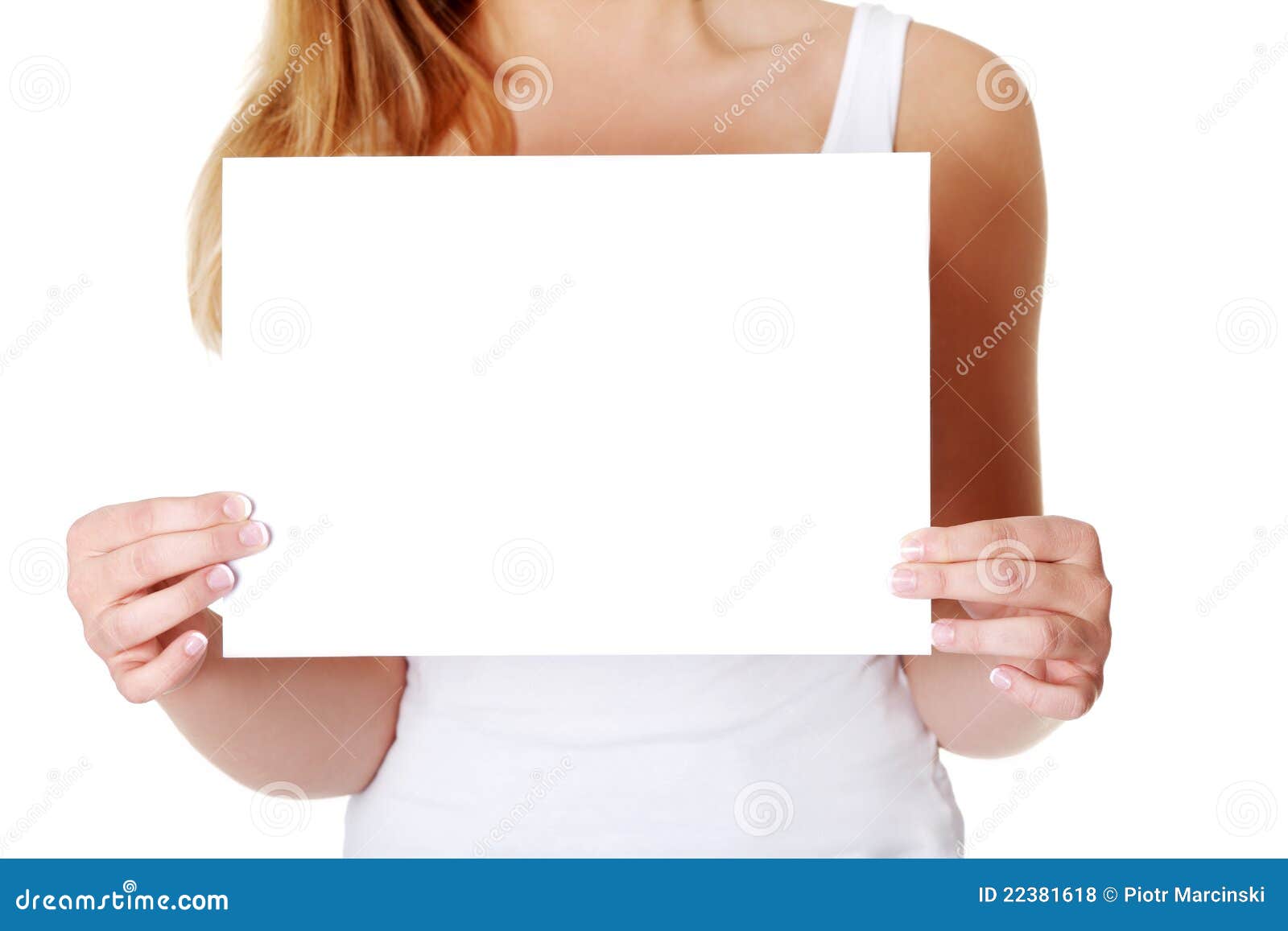 girl holding a big white sheet of paper Stock Photo