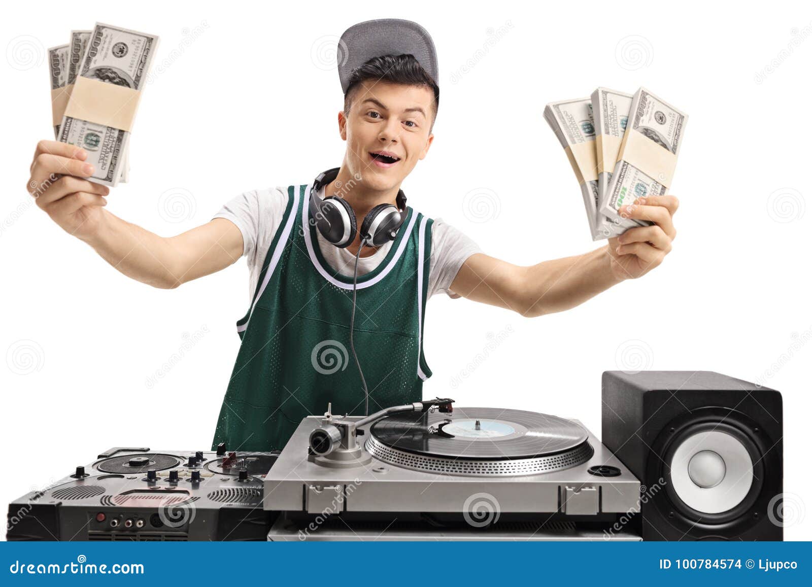 Cheerful Teenage DJ with Bundles of Money Stock Photo Image of single