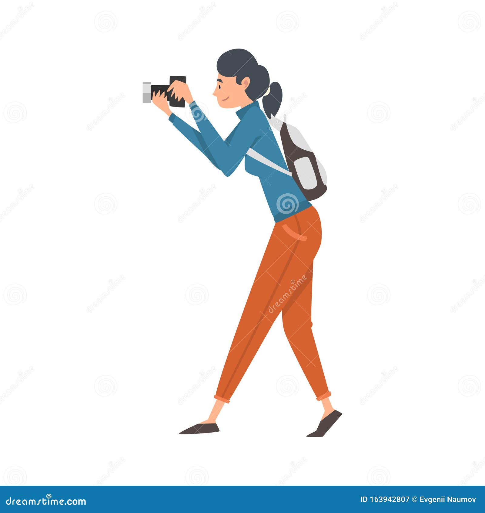 Cheerful Tourist Woman Taking Photography on Vacation Vector ...