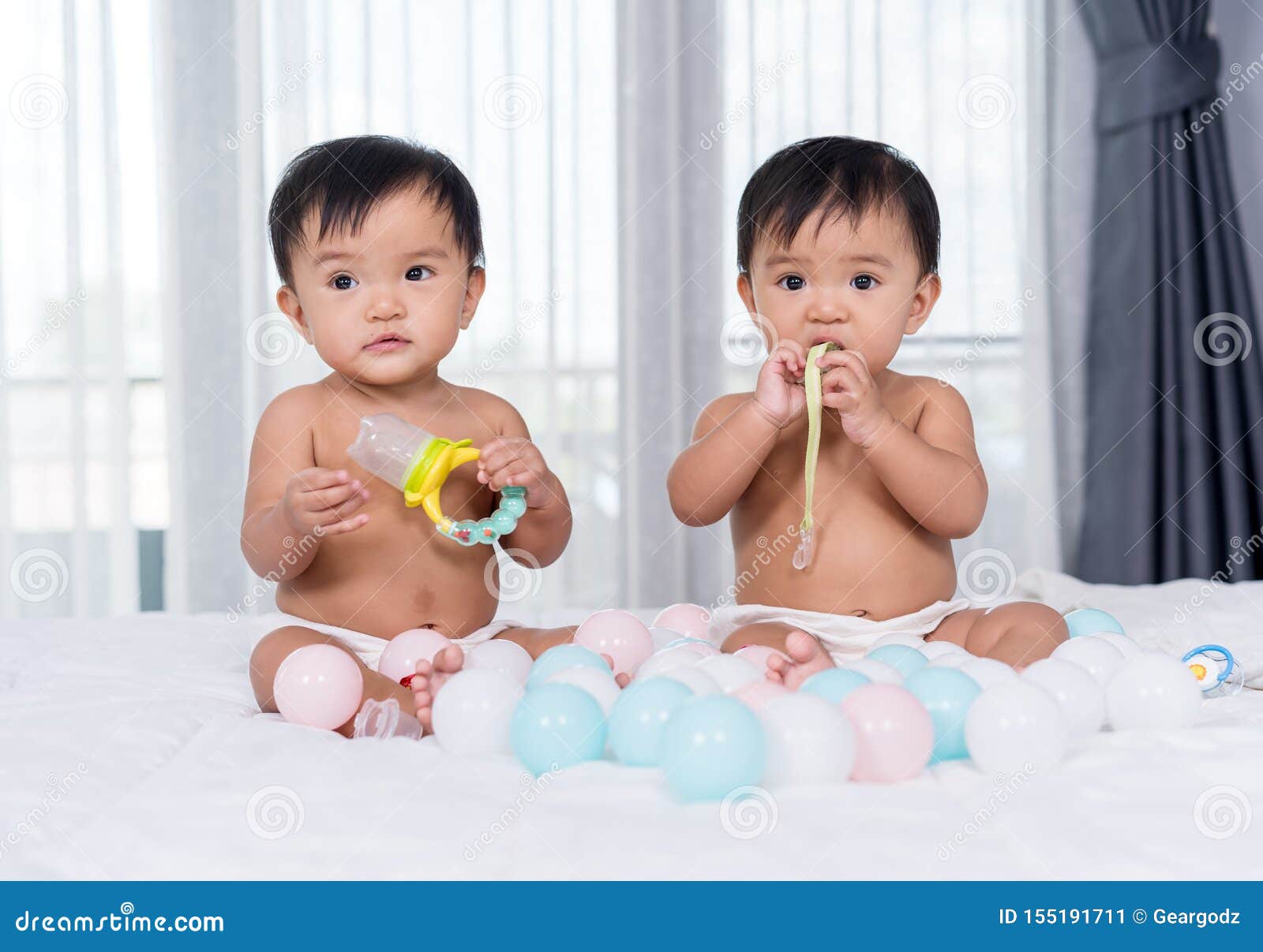 Cheerful Twin Babies on Bed Stock Image Image of newborn, home 155191711
