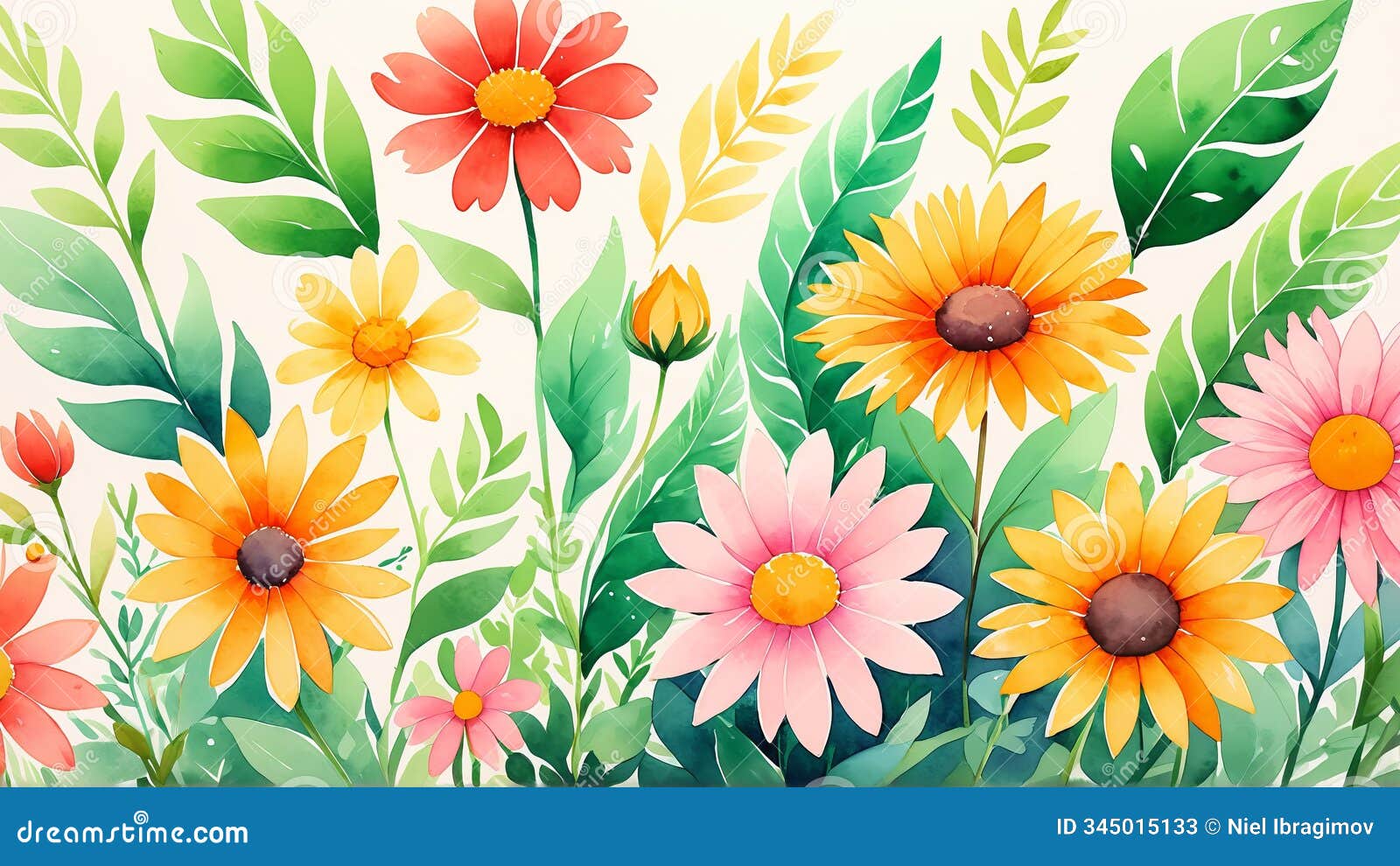 cheerful watercolor flowers and lush green foliage in vibrant garden art