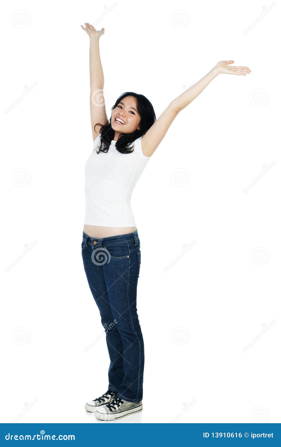 Cheerful Woman with Arms Raised Stock Photo Image of cheering, beauty