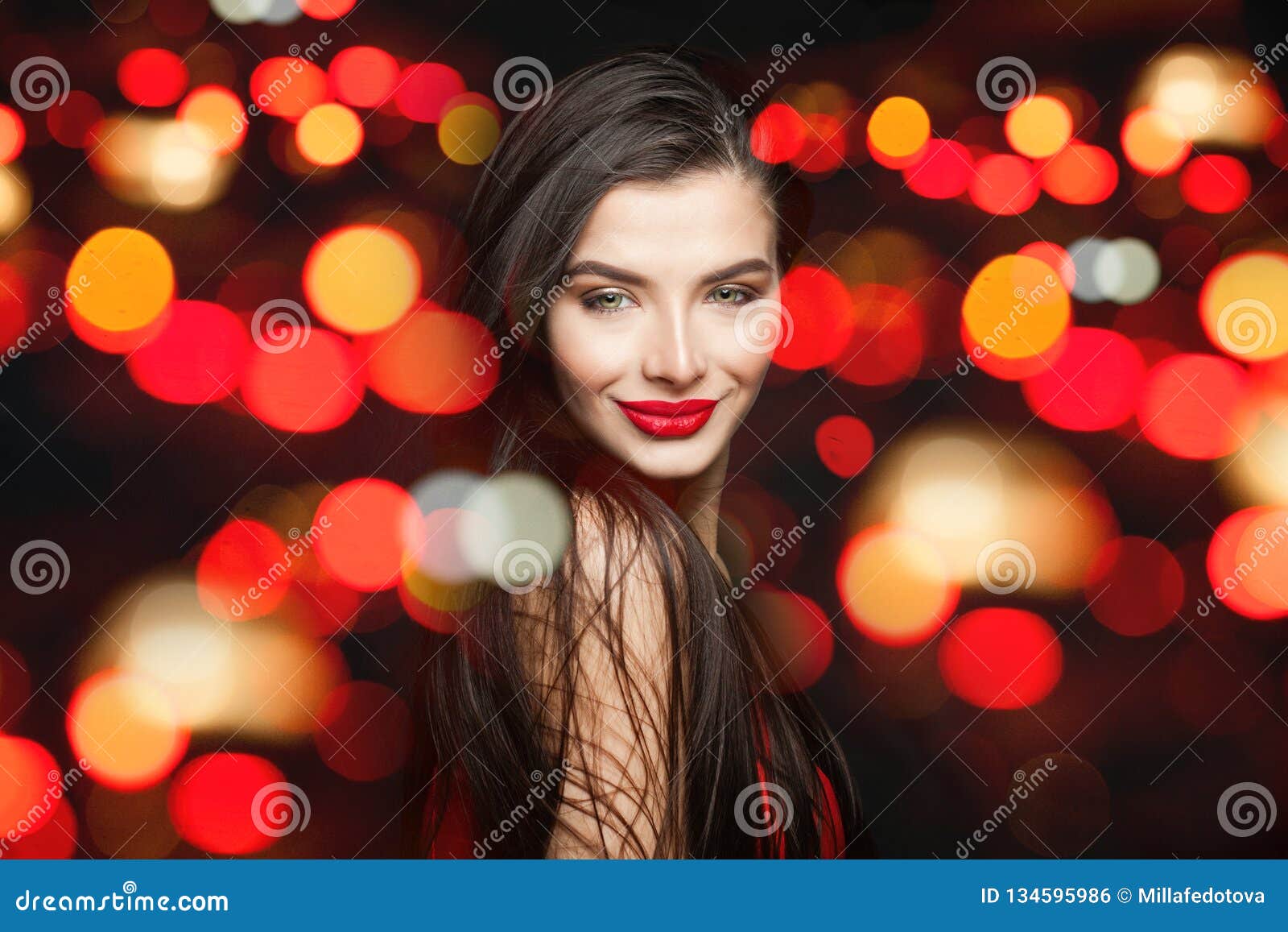 Cheerful Woman Brunette in Black Carnival Masklong Hair and Red Lips ...