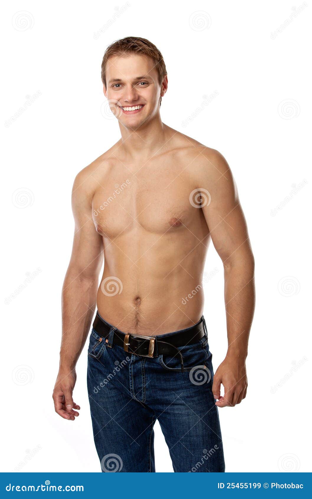 cheerful young man in jeans with bare torso