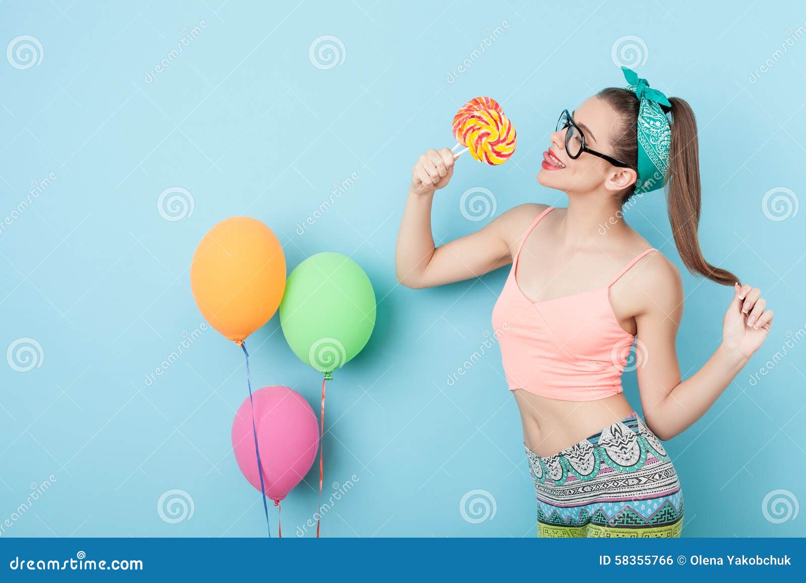 Cheerful Young Styled Woman Is Eating Candies Stock Photo Image Of