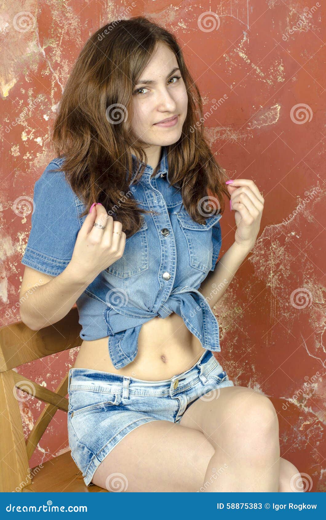 Cheerful Young Teen Girl in Denim Shorts Stock Image - Image of jeans,  female: 58875383