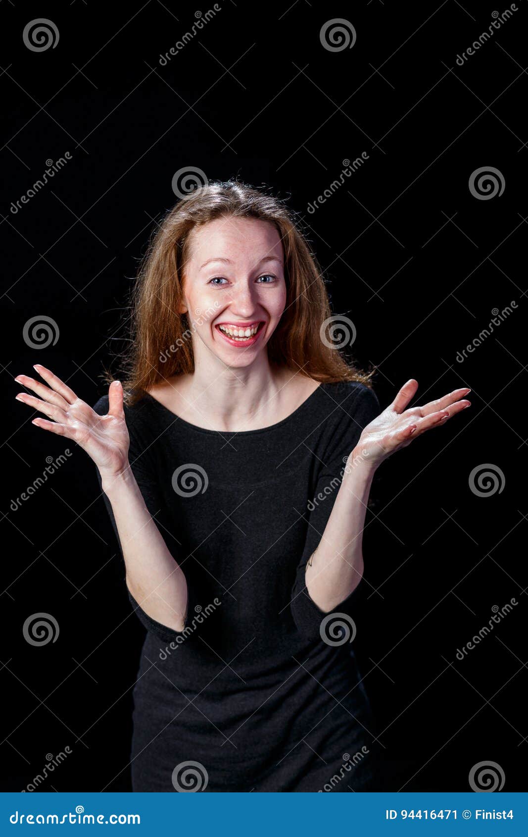 Cheerful Young Woman Smiling Spreading Her Hands To The Sides Stock 