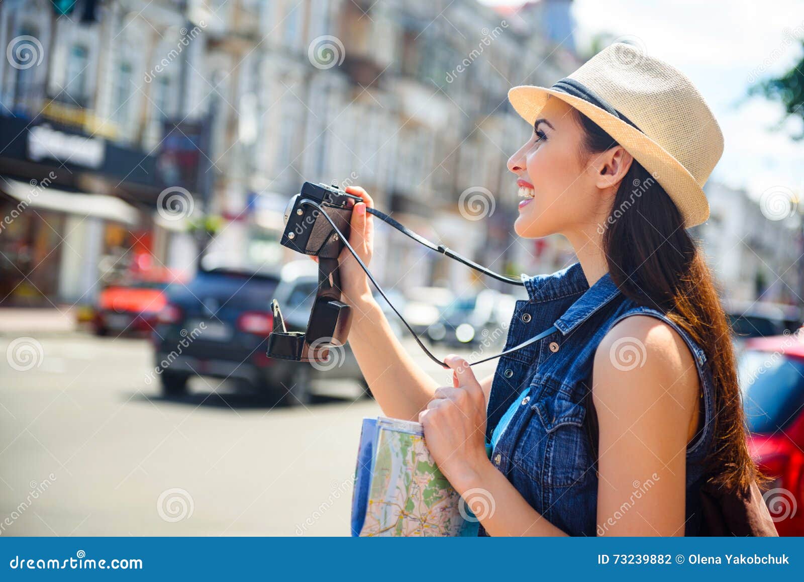 Cheerful Young Woman Taking Shots of City Stock Photo - Image of ...