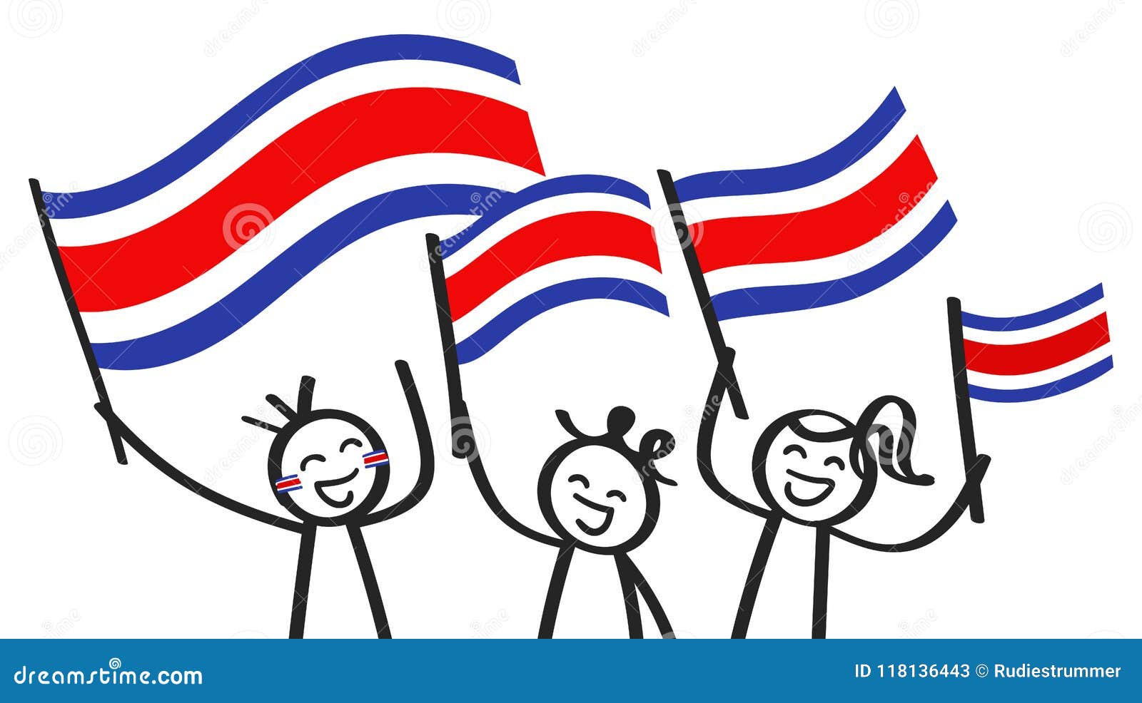 Cheering Group of Three Happy Stick Figures with Costa Rican National ...