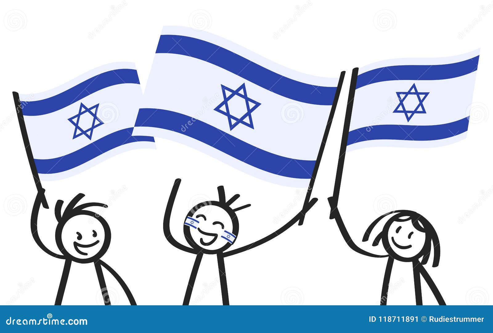 Cheering Group of Three Happy Stick Figures with Israeli National Flags ...