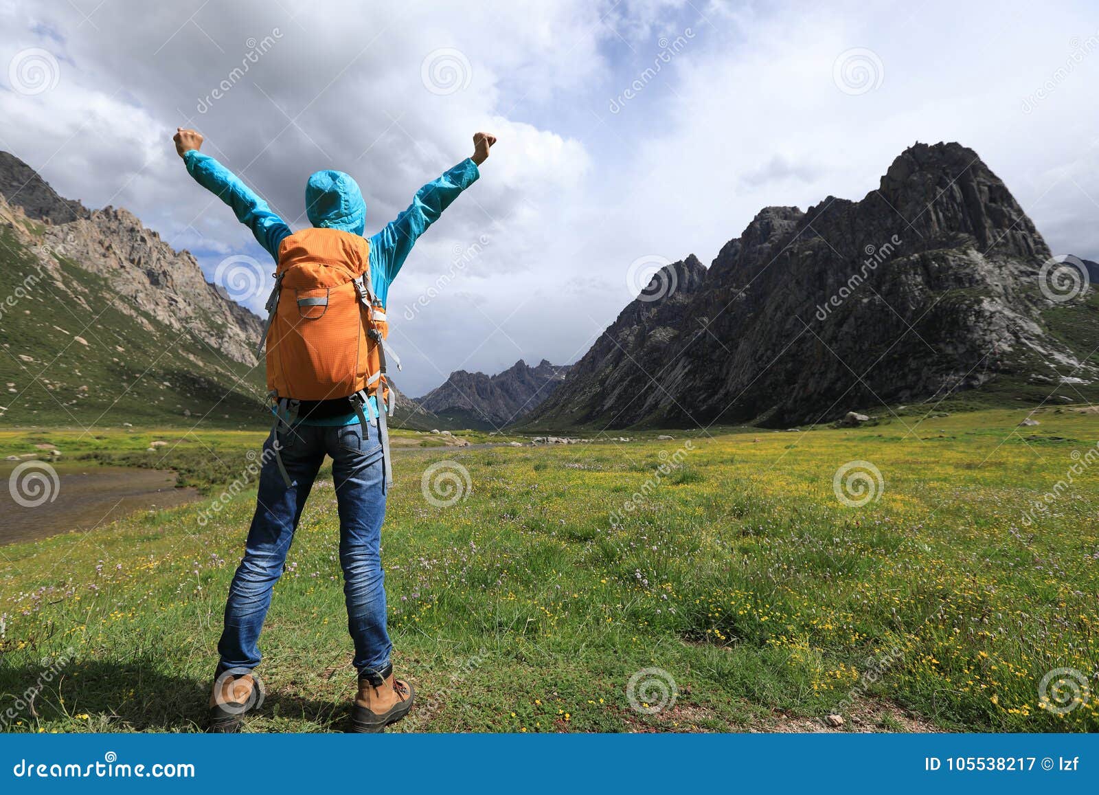 Young Backpacking Woman Hiking in Mountains Stock Image - Image of ...