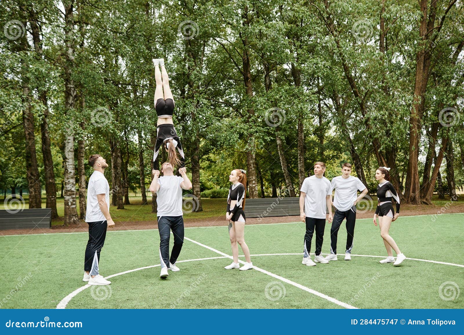 Cheerleading Team Practicing Togther Outdoors Stock Image Image of