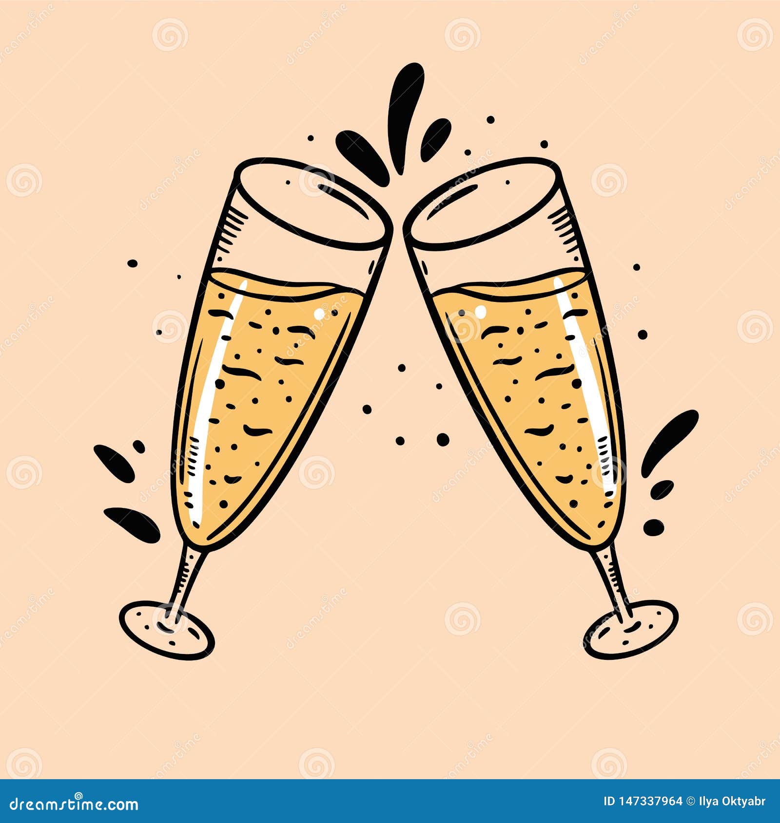 Cheers with Hand Drawn Champagne and Wine Glasses. Cartoon Style Stock ...