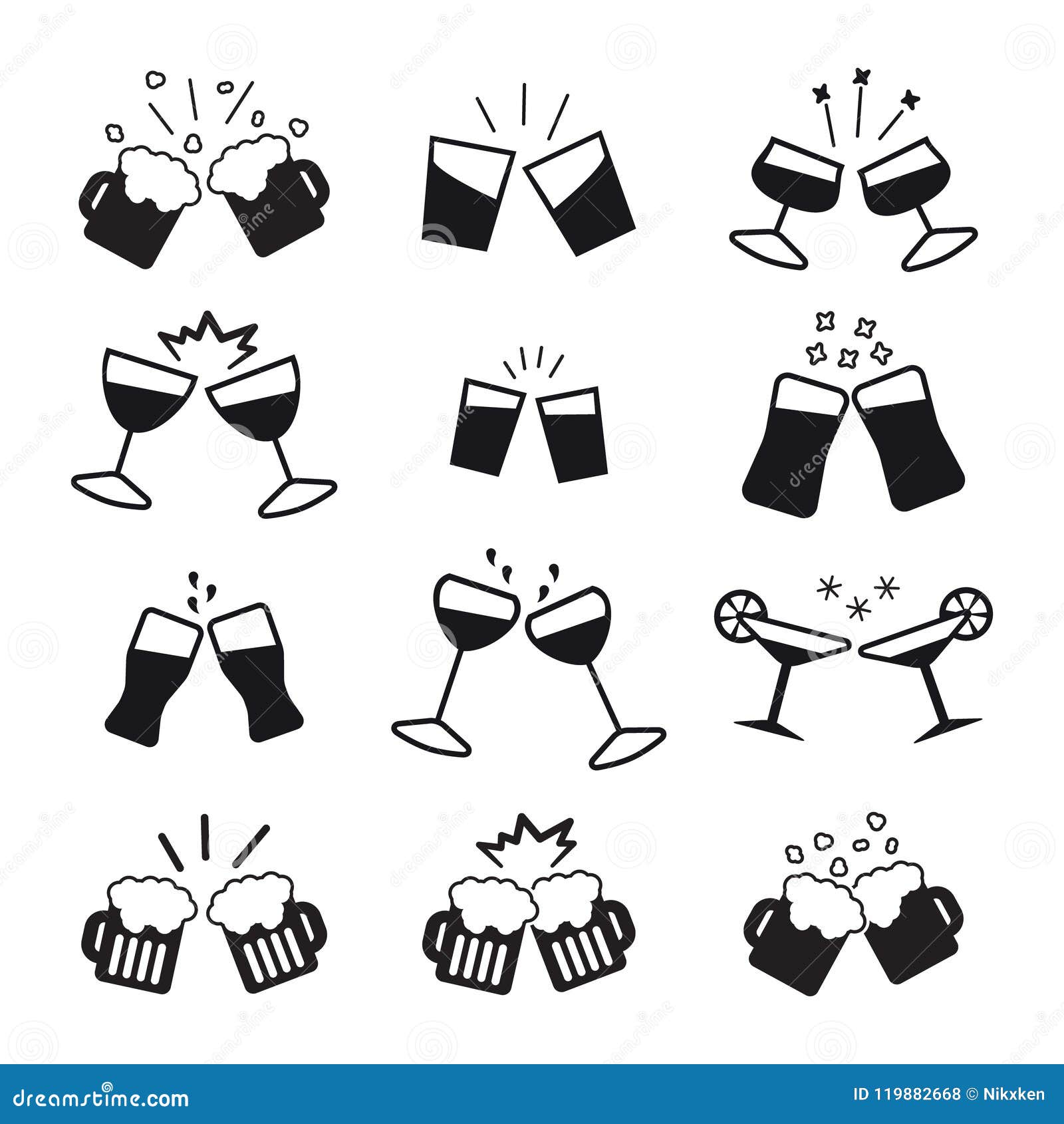 Cheers with Various Glasses Icon Set. Vector Stock Vector