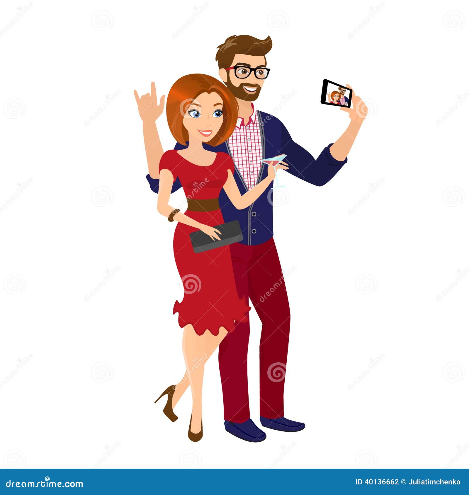 cheery handsome man and woman in red dress are taking a snapshot of themselves