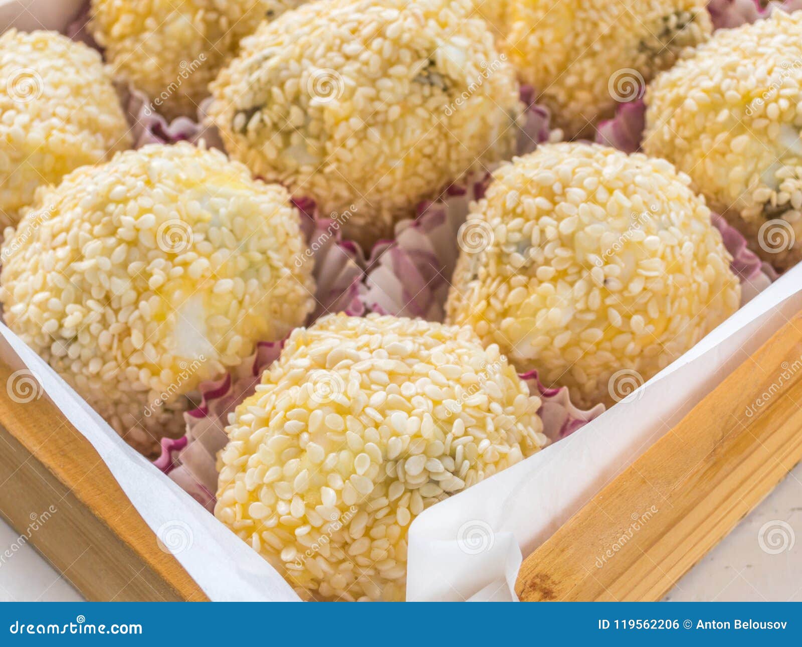 Cheese Balls with Cheese, Egg, Garlic, Olives and Sesame Seeds Stock