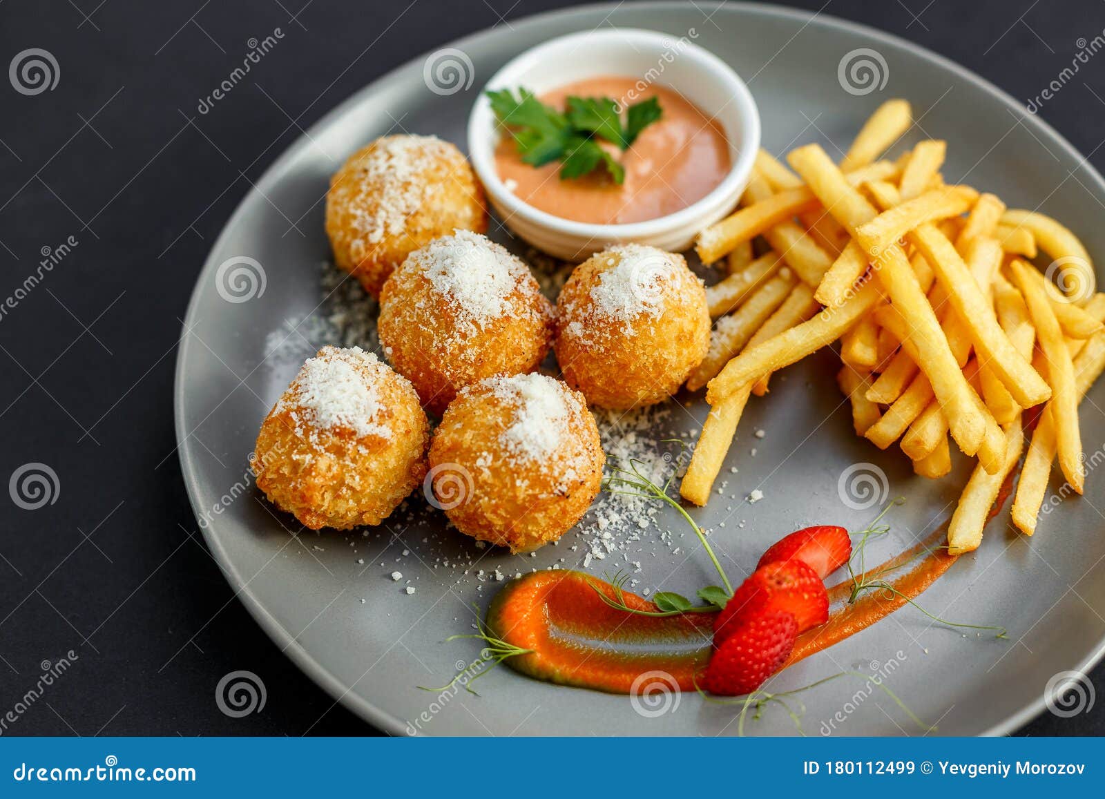 Cheese Balls with French Fries and Sauce Stock Image - Image of tasty,  snack: 180112499