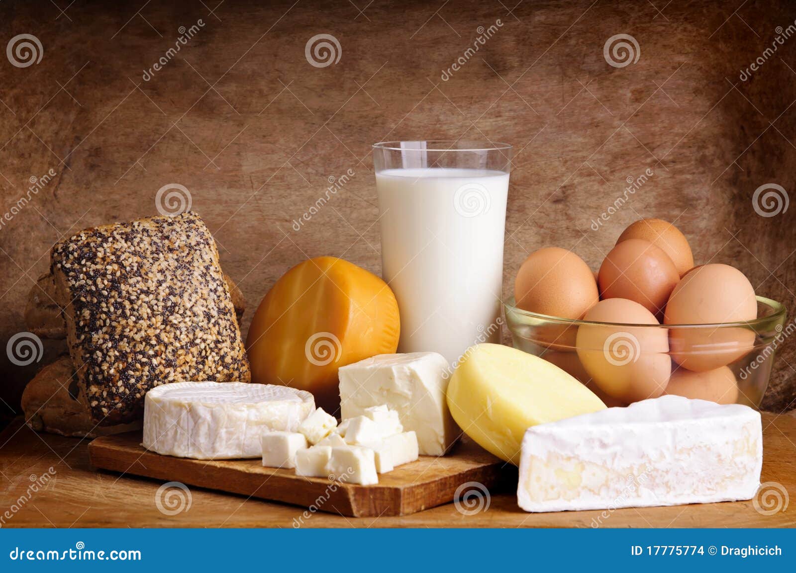 cheese, bread, milk and eggs