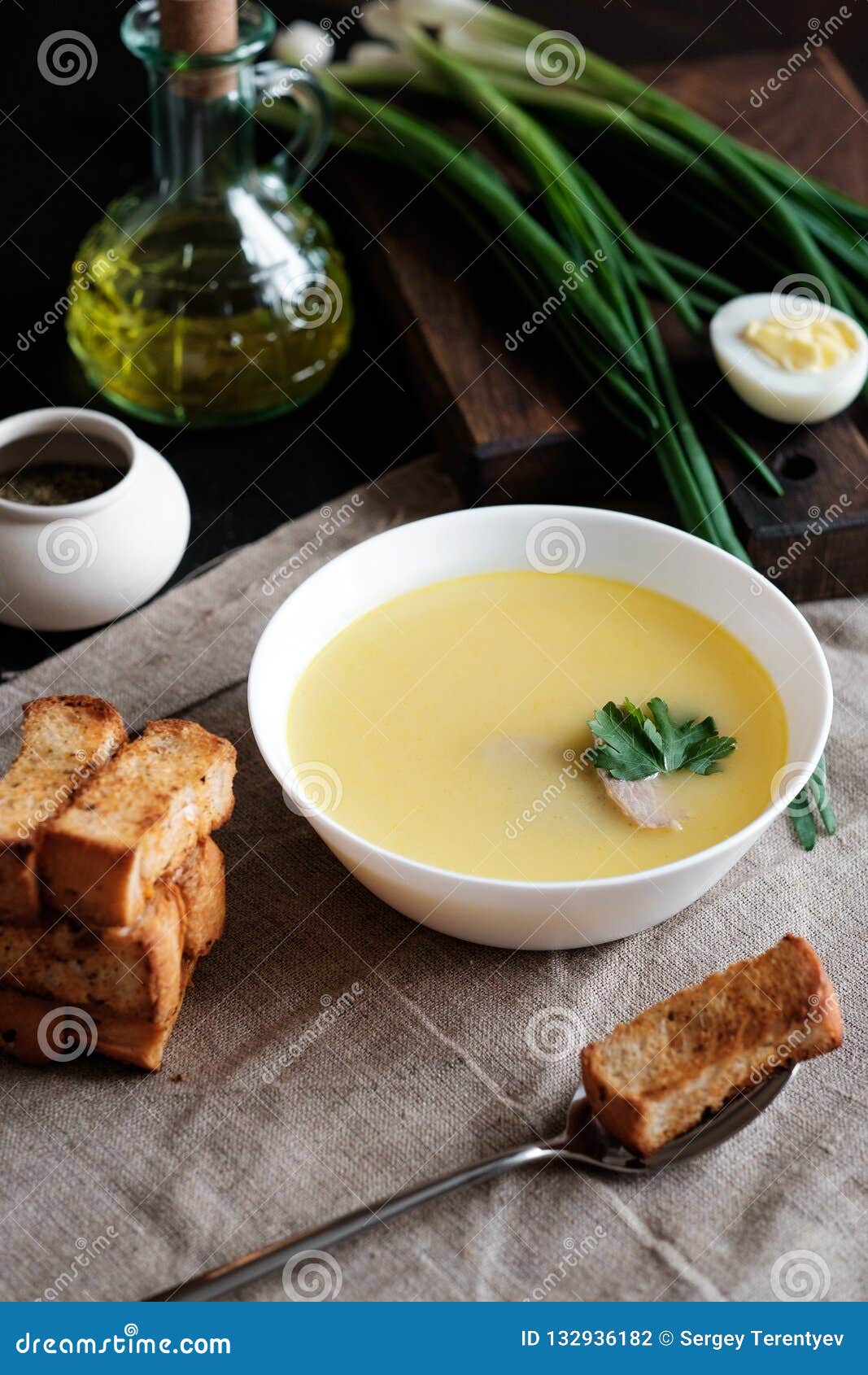Cheese cream soup stock photo. Image of green, bowl - 132936182