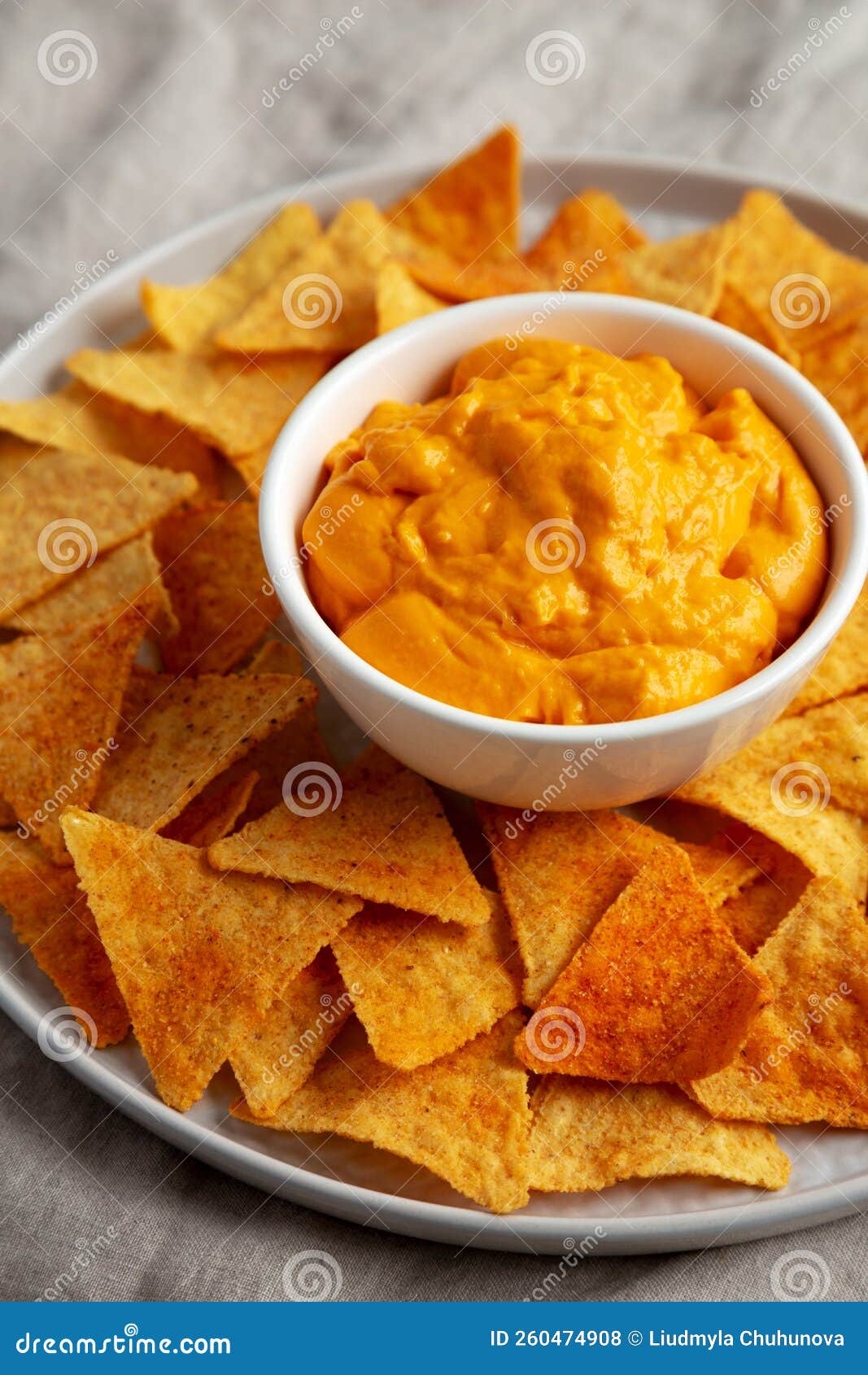 Cheese Dip with Tortilla Chips, Side View. Closeup Stock Photo Image