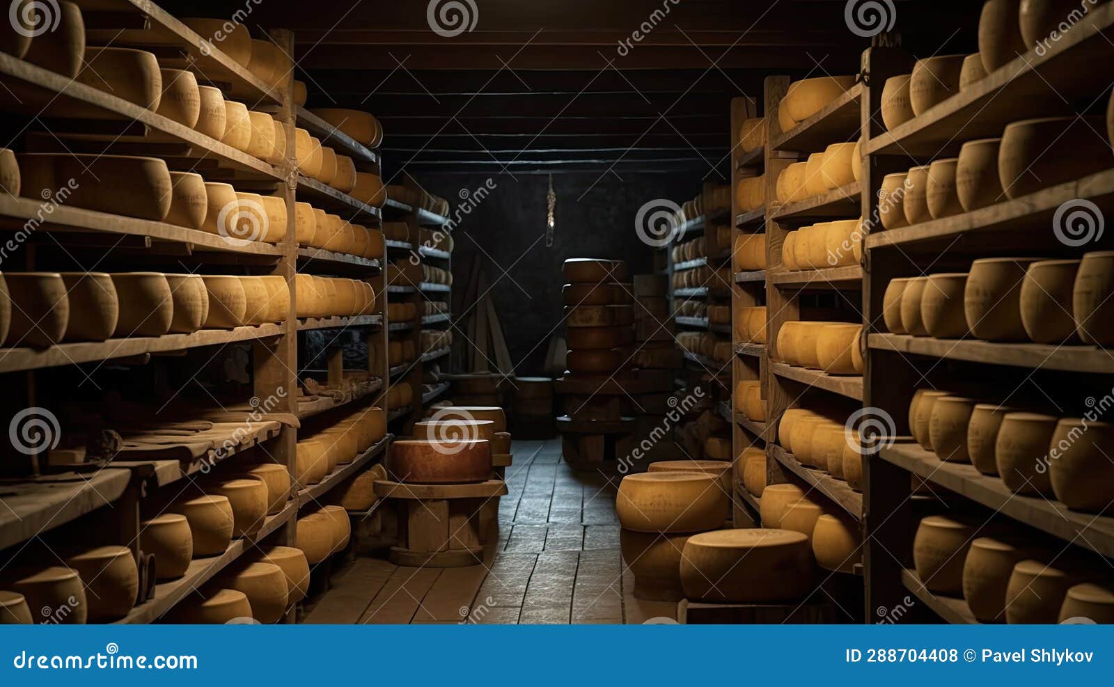 Cheese Factory Warehouse with Shelves Stacked with Rows of Cheese