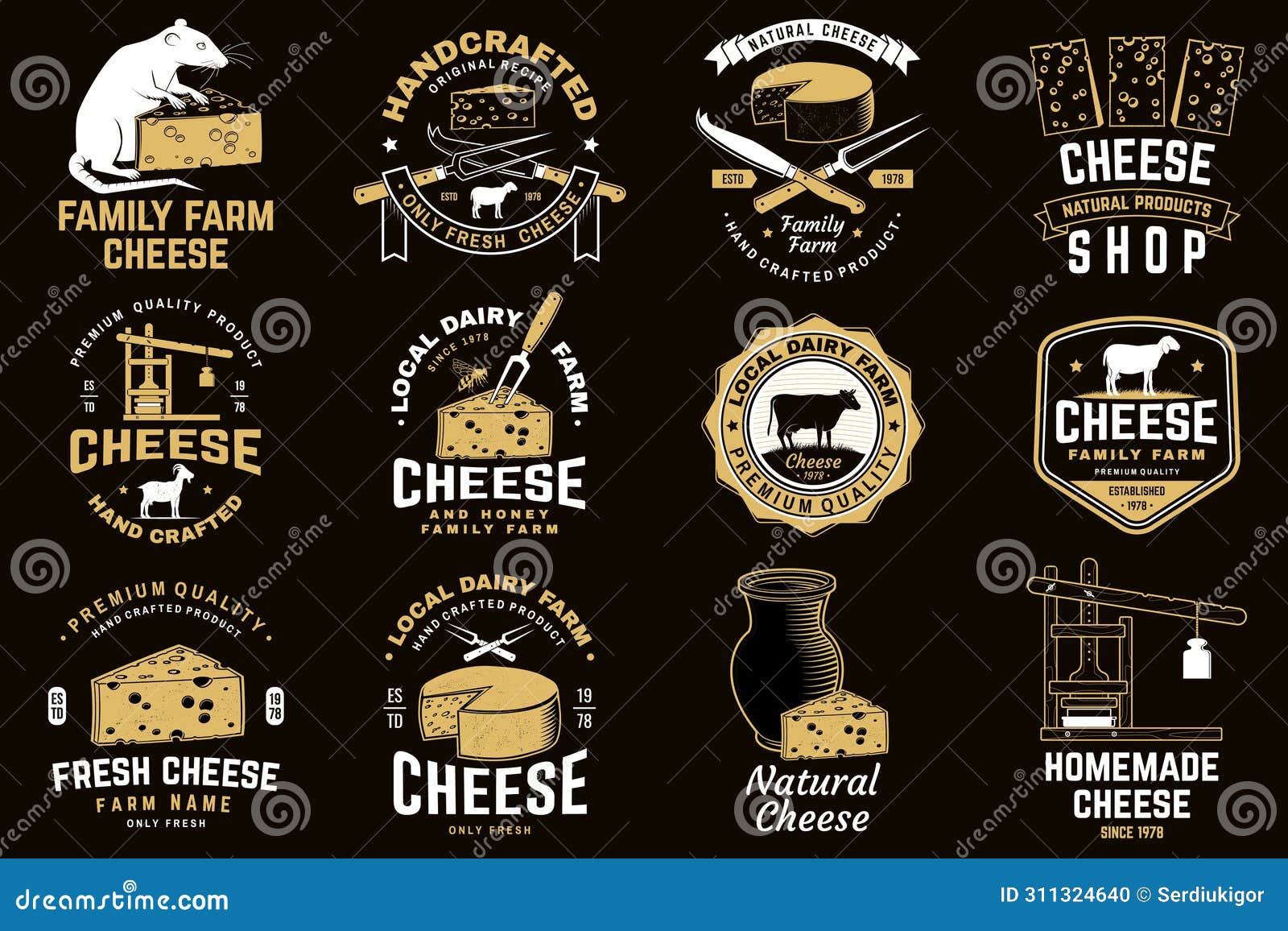 cheese family farm badge . template for logo, branding  with block cheese, sheep lacaune on the grass, fork
