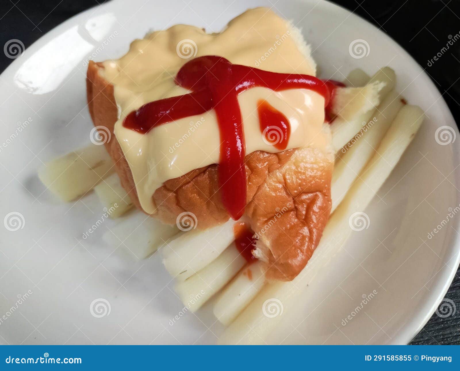 Cheese and Ketchup on the Bread on the White Plate Stock Image Image