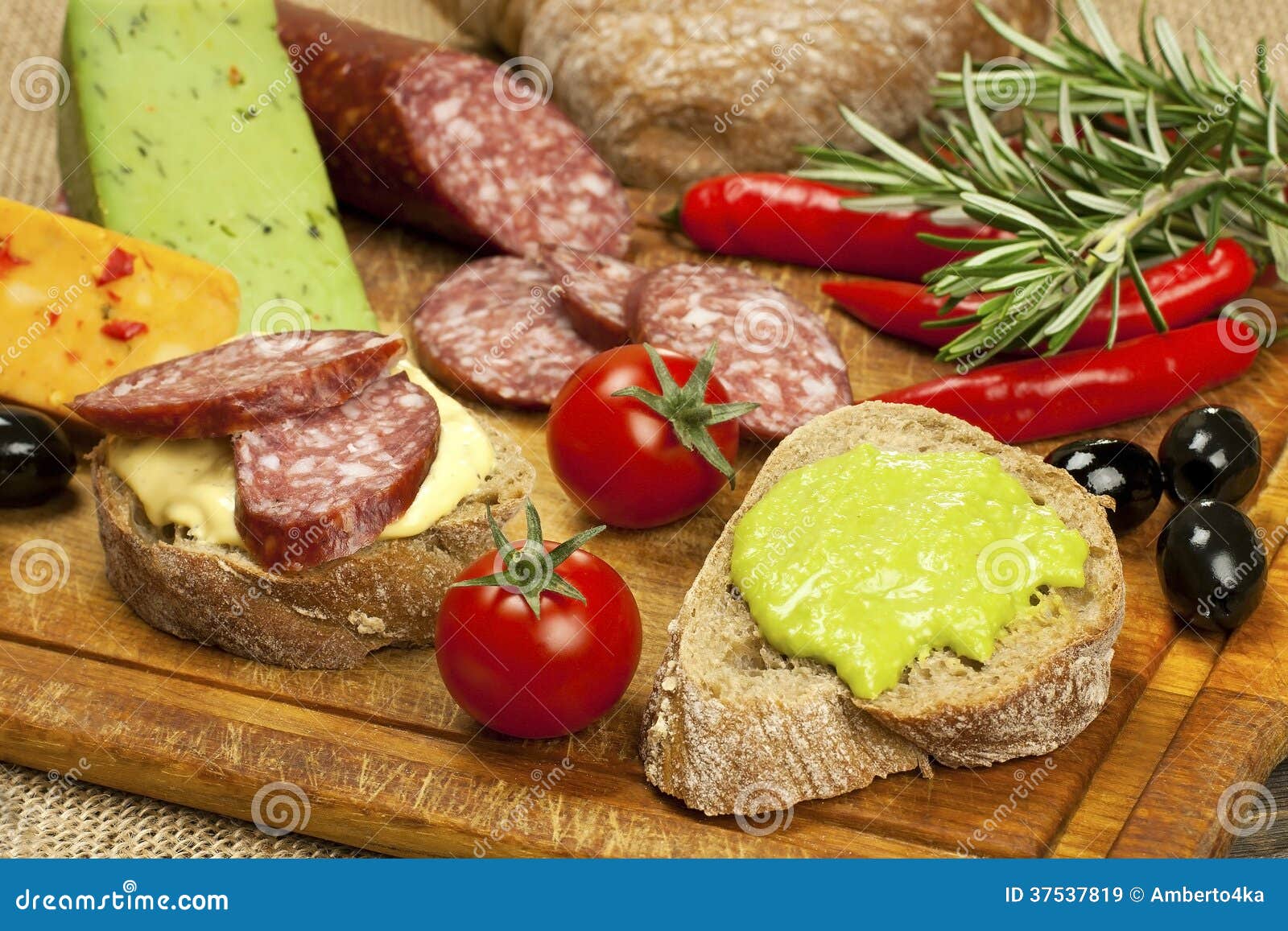Cheese, Salami and Bread on a Board Stock Image Image of ciabatta