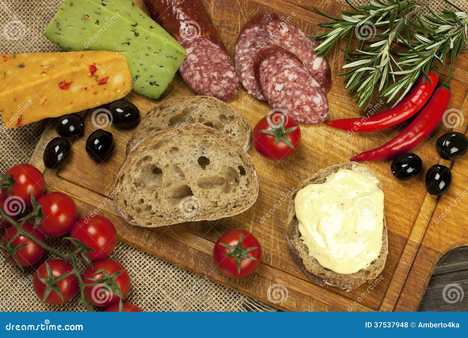 Cheese, Salami and Bread on a Board Stock Photo Image of chili