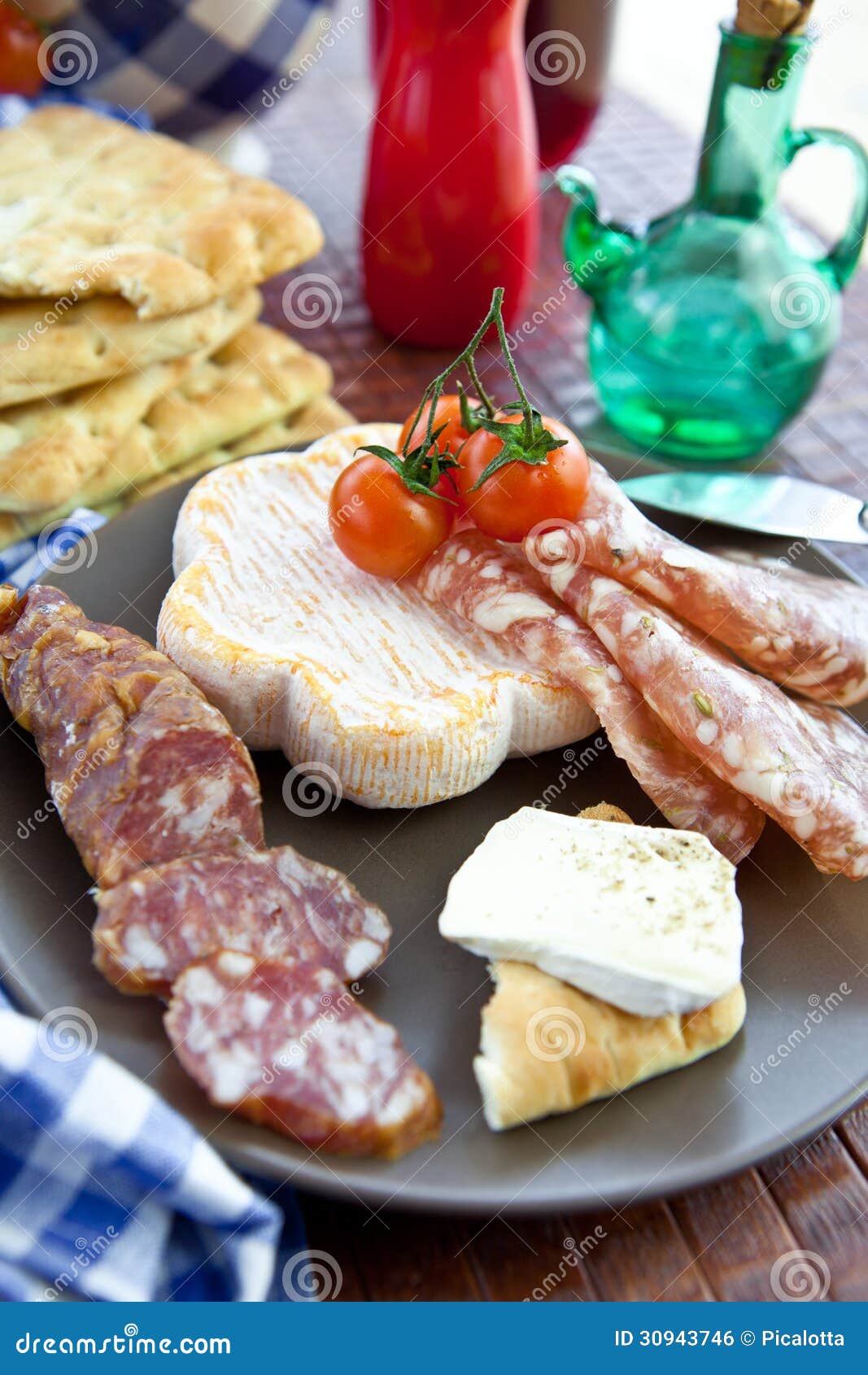 Cheese, Salami and Flat Bread Stock Photo Image of meal, sausages