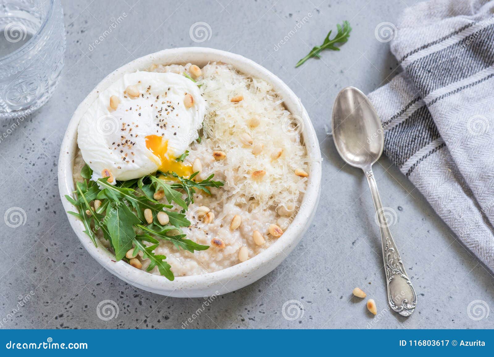 Cheese Savoury Oatmeal with Poached Egg and Arugula Stock Image Image
