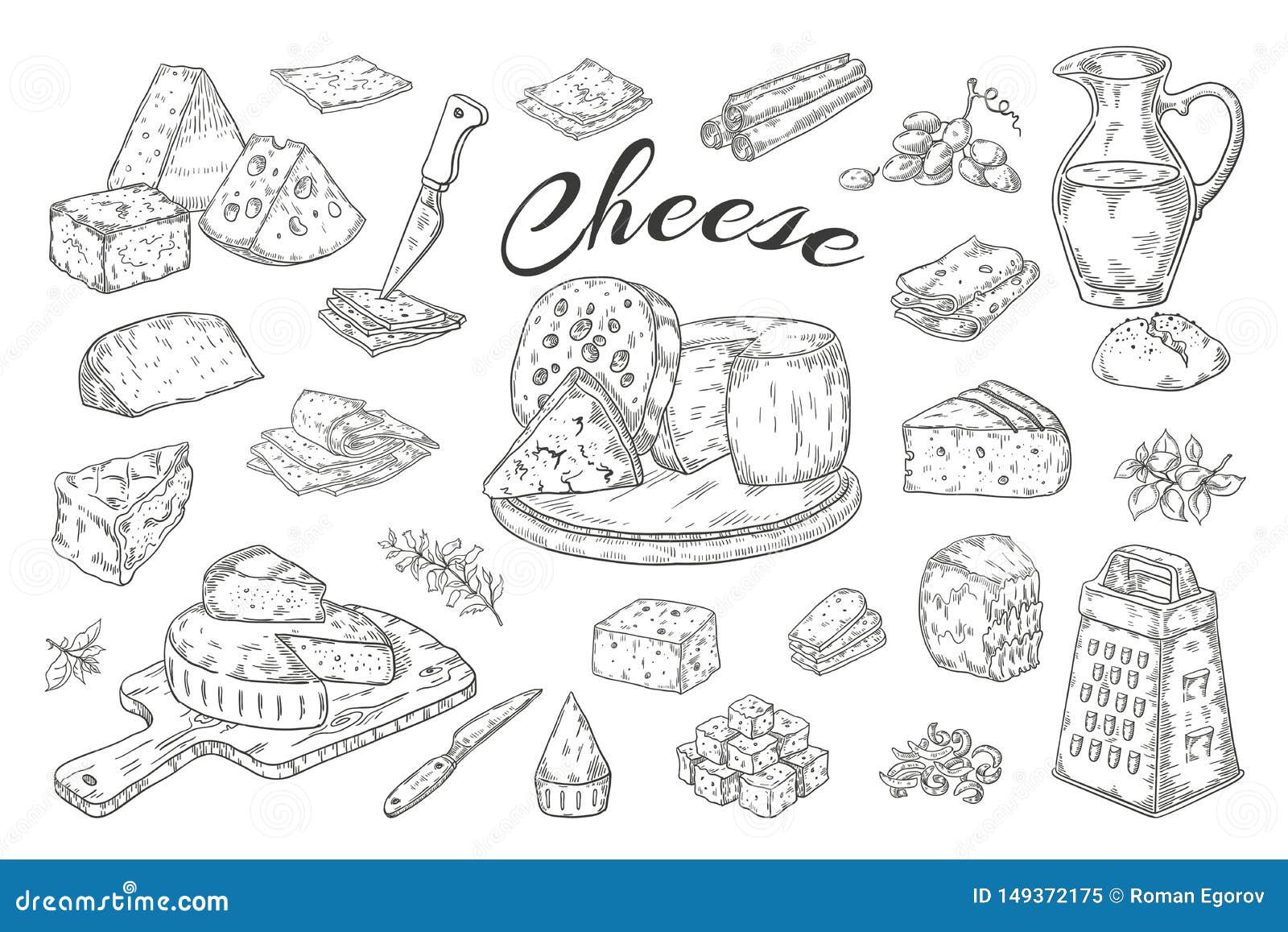 cheese sketch. hand drawn milk products, gourmet food slices, cheddar parmesan brie.  breakfast vintage