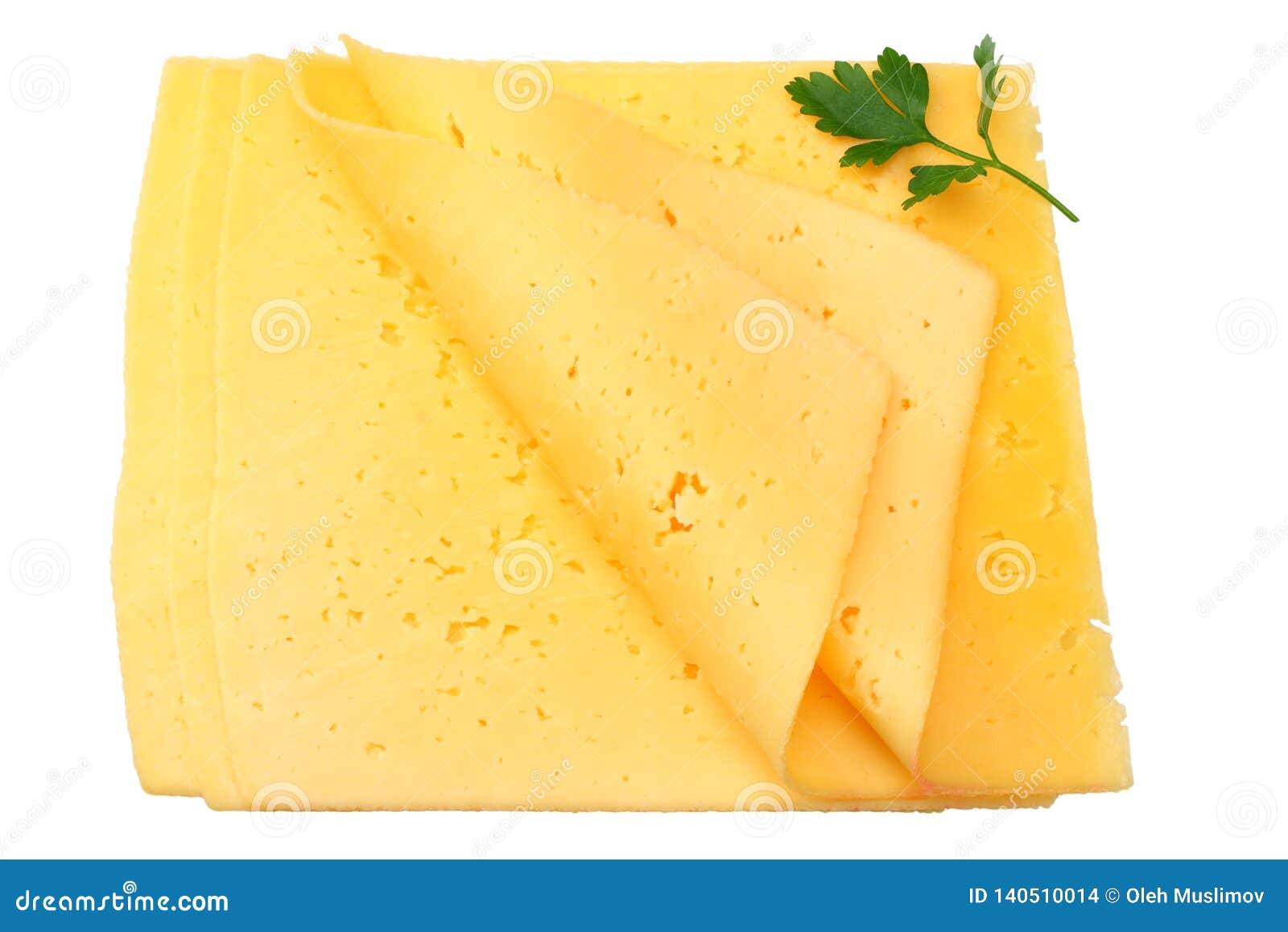 Cheese Slices with Parsley Isolated on White Background. Top View Stock