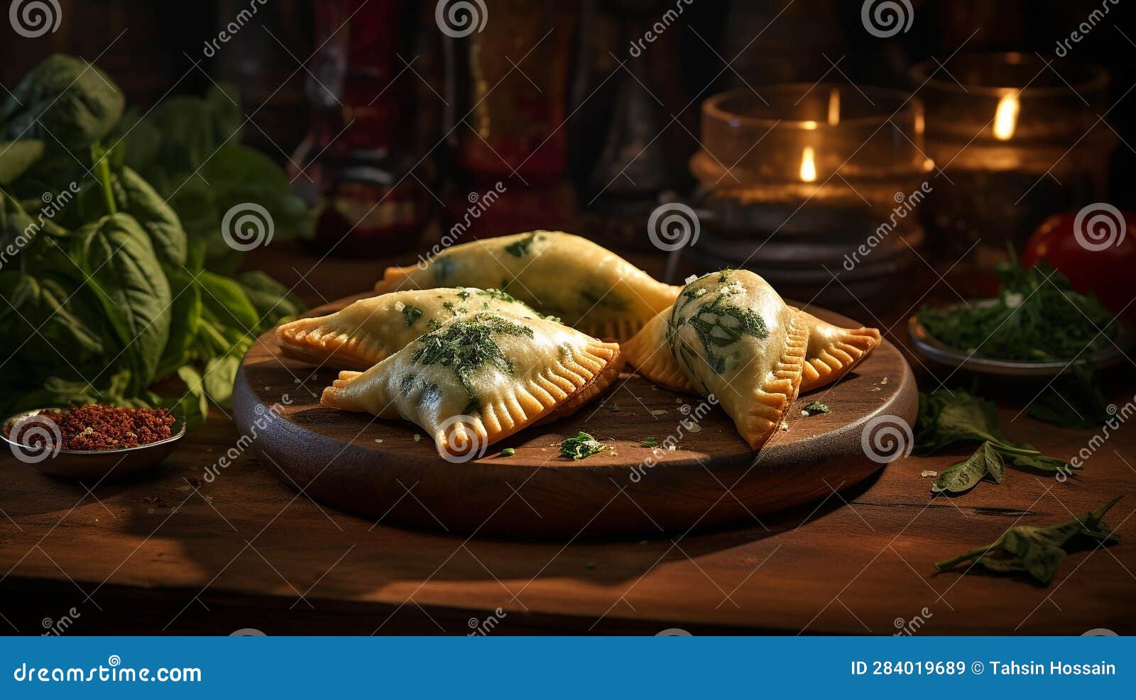 Cheese and Spinach Empanadas on a Rustic Wooden Plate, AI Generated