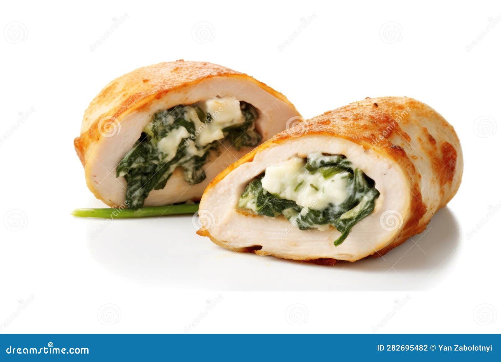 Cheese and Spinach Stuffed Chicken Rolls on a White Background