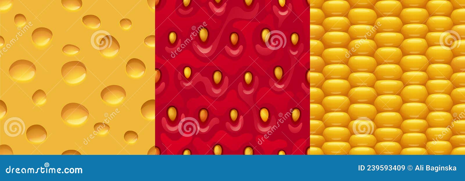 Cheese, Strawberry and Corn Seamless Textures Set Stock Vector Illustration of maize, corn