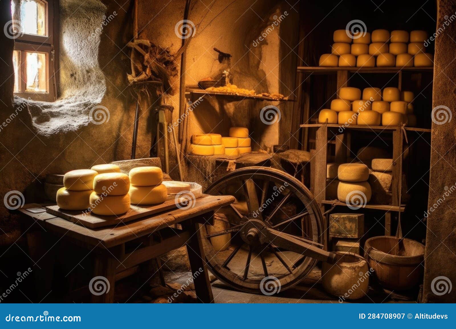 Cheese Wheels Stacked in Cellar with Temperature Gauge Stock Image