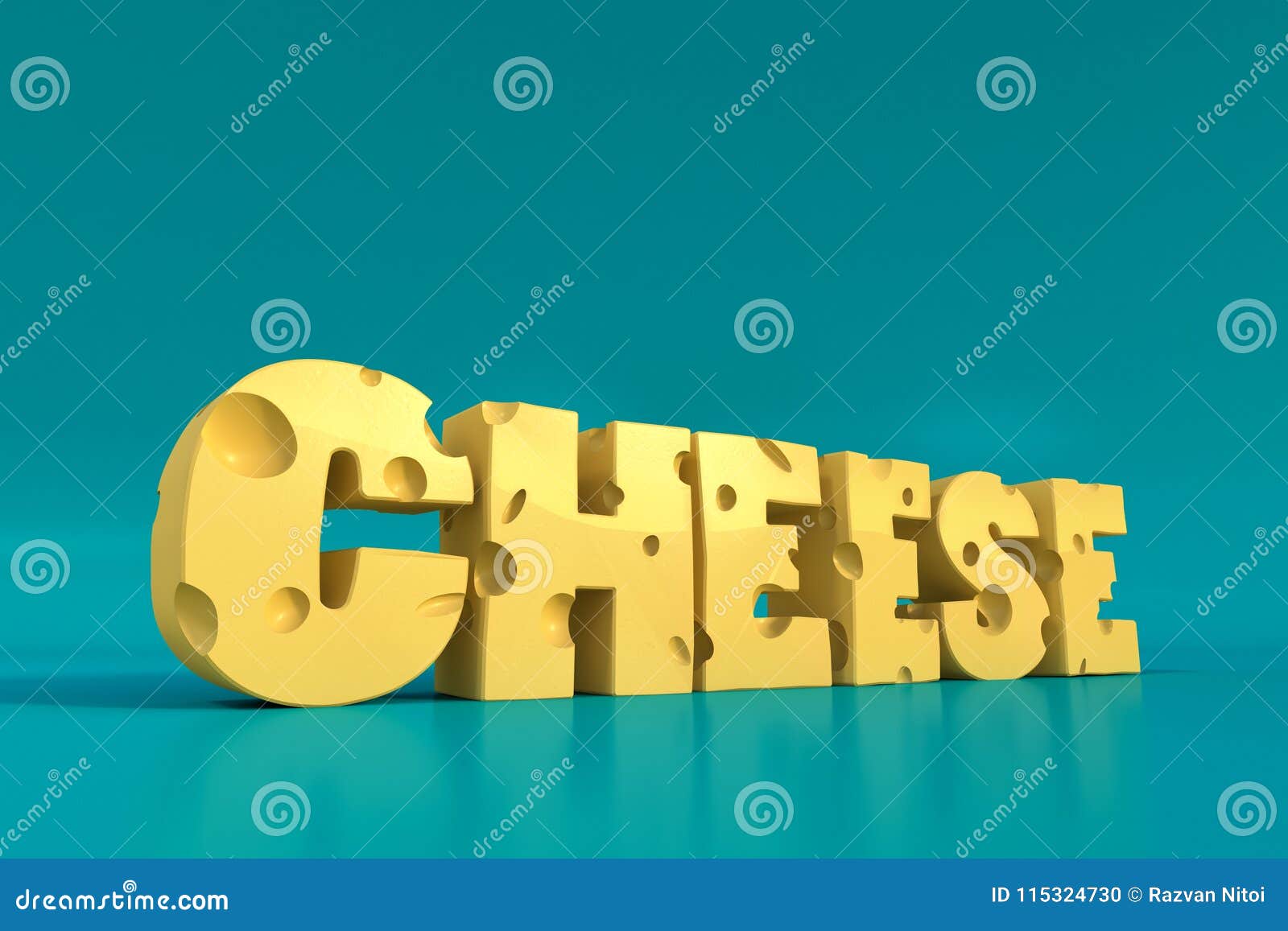 cheese word written in actual swiss cheese letters
