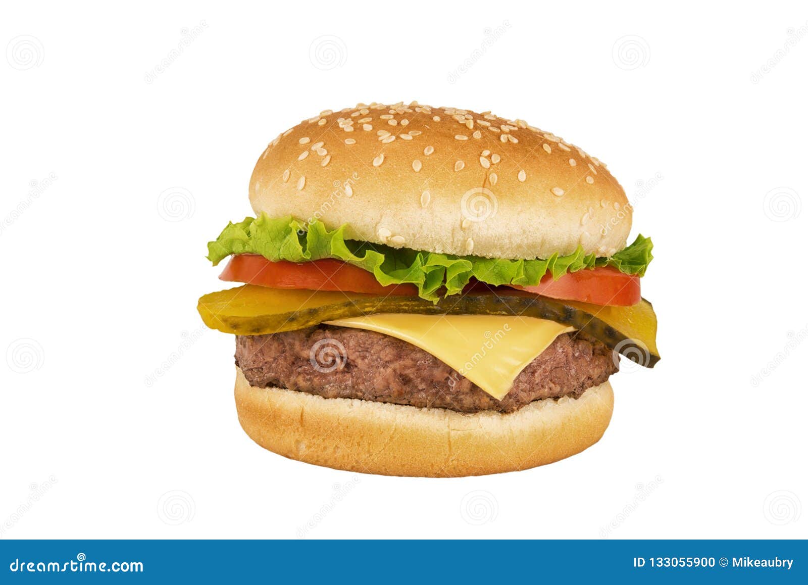 Cheeseburger with Beef Patty Isolated on White Background. Stock Photo