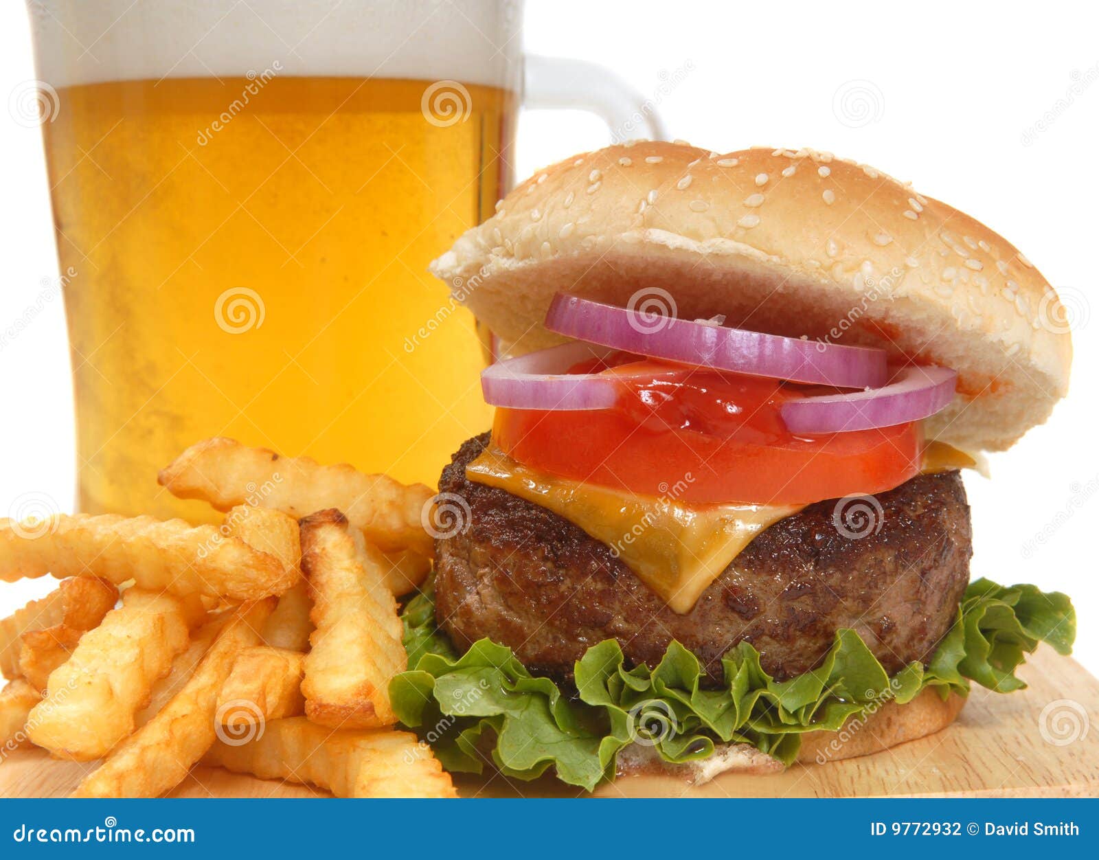 Cheeseburger with French Fries and Beer Stock Photo Image of
