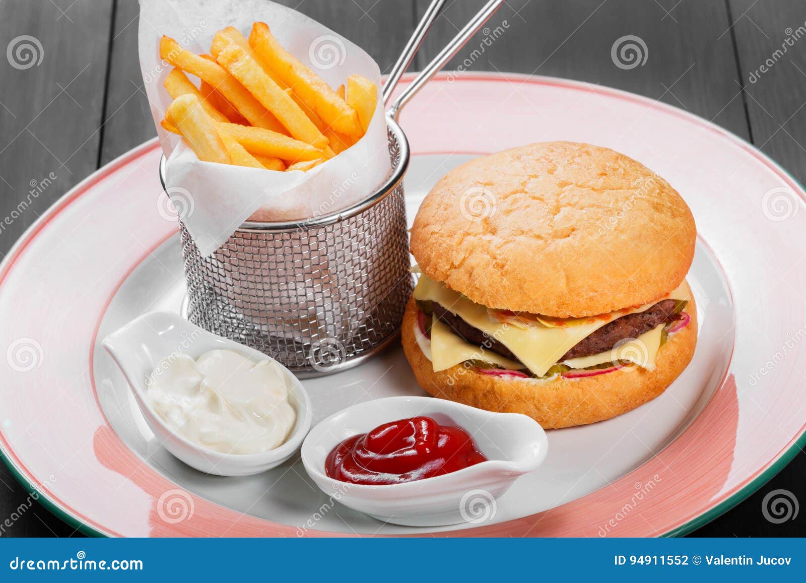 Cheeseburger Hamburger With French Fries Ketchup Mayonnaise Stock