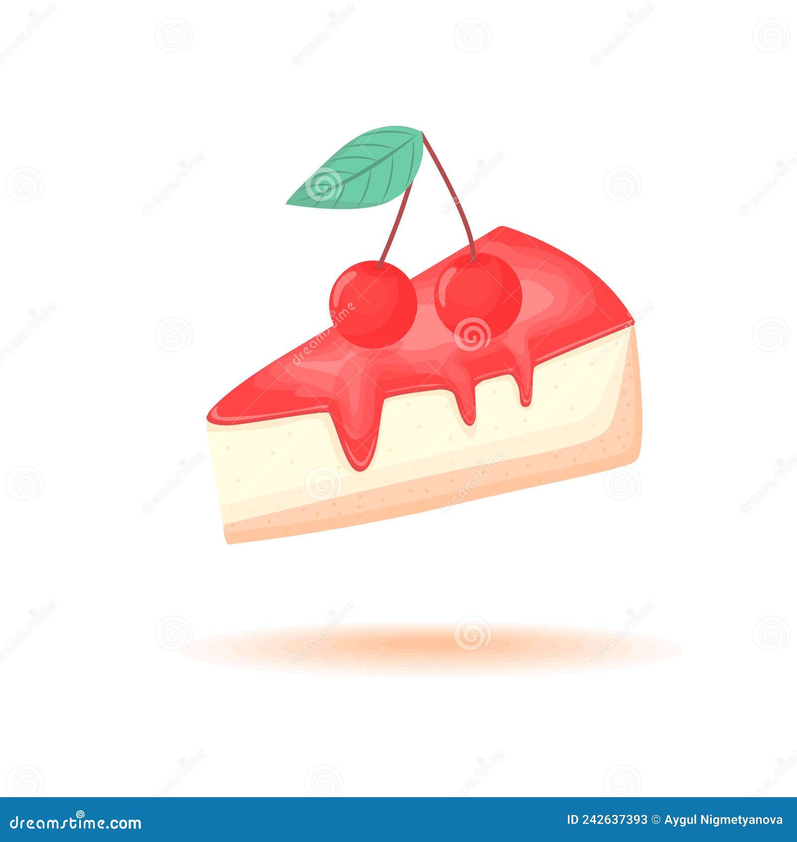 Cheesecake with Cherry, Vector Illustration Isolated on White Background. Stock Vector